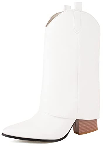 MJIASIAWA Donna Senza Chiusura Moda A Collo Alto Sequins Stivali Western Pelle Lined Sposa Vestito Warm Tacco Alto A Blocco Stivali Equitazione Bianco Numero 44 EU/46 Asiatico