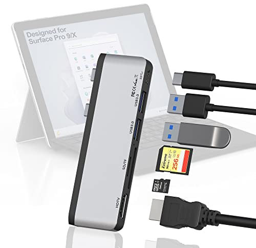 Surface Pro 9/10/11 Zubehör mit 4K HDMI, 100W USB C Thunderbolt 4 (Display + 40Gbps + PD), USB 3.0*2, TF/SD Kartensteckplatz, Dual Monitor Docking Station (HDMI+USB C) für Surface Pro 11/Pro 10/Pro 9