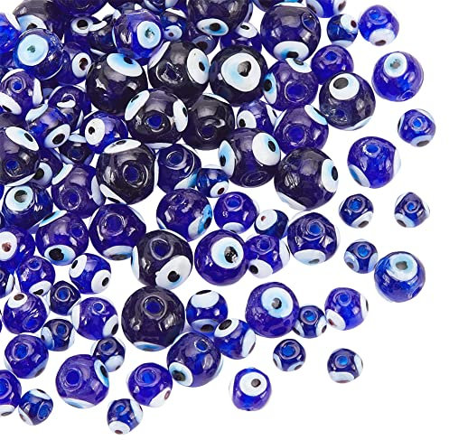 nbeads 120 Pcs Perles Mauvais Œil au Chalumeau, 6/8/10/12mm Perles Lampwork Faites à la Main Perles Turques Mauvais Œil Perles Rondes Evil Eye Perles pour Bracelets Collier Fabrication Bijoux, Bleu