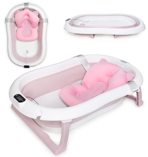 moovkee. Baby Badewanne 80cm - Babybadewanne Faltbar Rosa 0-36 Monate | mit Thermometer und Badekissen Baby Bathtub für Kinder Kinderbadewanne Tragbare