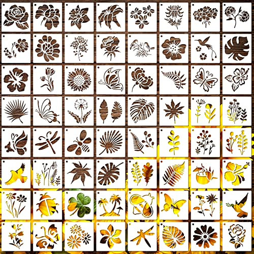 MWOOT 64 Stück Blume Pflanzen Schablonen Stencils Set, Wiederverwendbares Malerei Vorlage Bemalen Zubehör, DIY Flowers Schablone zum Malen an Wand, Karten Basteln, Journal Dekoration(7.6x7.6cm)