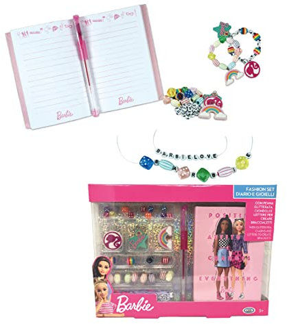 ODS - Barbie, Fashion Set Diario e Gioielli, 1 Mini Diario Scuola con Penna Glitterata e Ciondoli per Creare Braccialetti, Età Consigliata +5 Anni
