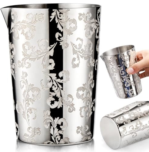 Noamus Vaso mezclador de cóctel, lata de acero inoxidable 304, vaso de mezcla irrompible de 18 onzas con patrón floral, jarra esencial de barmending, utensilios de bar para camareros, uso en el hogar