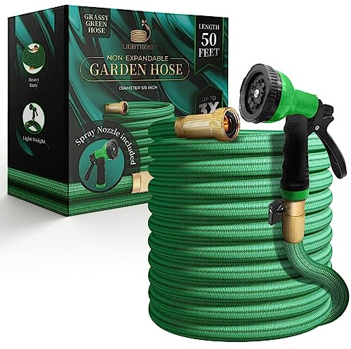 LightHose Garden Hose, NON-EXPANDABLE Garden Hose, Super Light Weight Hose, No Burst, 3/4 inch Solid Brass Connectors, 50 Ft, Grassy Green