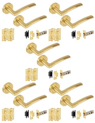 Hunta HANDLEZONE® 5 Sets Neemo Internal Door Handles on Rose Lever Latch Packs with Ball Bearing Hinges - Brushed Brass