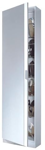 HOGAR24 ES Zapatero 1 Puerta y Espejo en 6 Alturas con 12 Varillas, Color Blanco Brillo