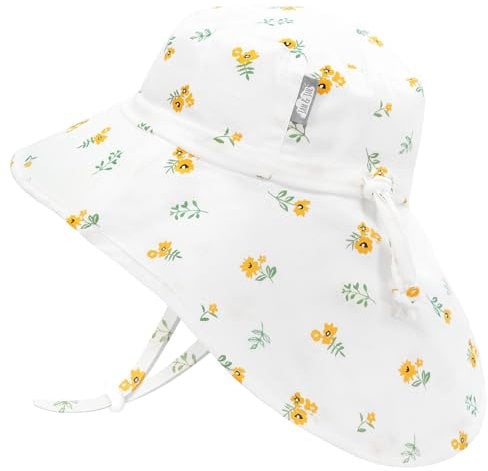 Jan & Jul Breiter Nackenschutz Sonnenhut für Kleinkinder mit verstellbarem Riemen (L: 2-5 Jahre, Yellow Flower)
