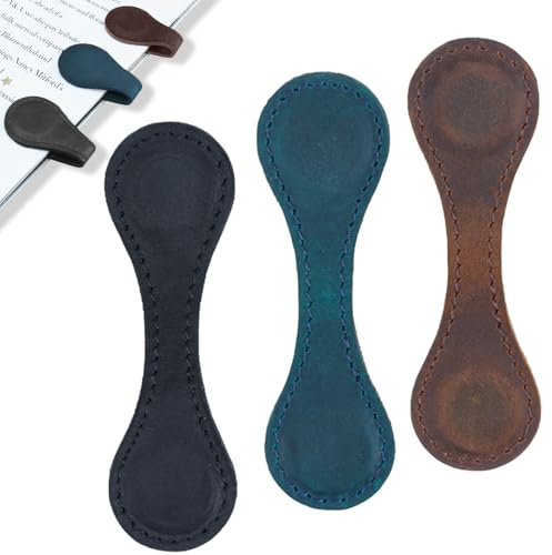 flewfun 3 Stück Leder Magnet Lesezeichen Personalisierte Retro Buchseitenhalter, Magnetische Seitenmarker für Frauen und Männer Bücherwurm Buchliebhaber Lesergeschenk (Schwarzer+Blauer+Kaffee)