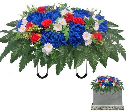 Iarxoxt Grabstein-Blumensattel, Grabstein-Blumen, groß, künstliche Friedhofsblumen für Grabschmuck, Gedenkblumen für Jahrestag, Valentinstag, Muttertag, Grabdekorationen (blau + rot)