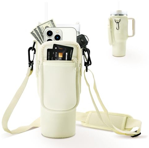 Pgtc Support de Bouteille d'eau pour Stanley Quencher Tumbler 40 oz,Porte-Bouteille d'eau avec bandoulière réglable,Accessoires pour Stanley Cup pour la Marche,Le Voyage et Le Camping (Blanc)