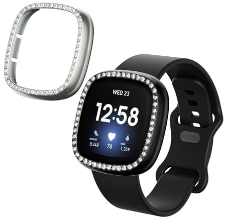 kwmobile 2X Kunststoff Hülle kompatibel mit Fitbit Versa 3 / Sense Schutzhülle Schutzrahmen - Glitzer Schutz Zubehör in Schwarz Silber