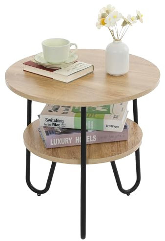 Mingone Couchtisch Rund Beistelltisch 2 Ablagen Sofatisch Modern mit Stauraum Kleiner Tisch für Wohnzimmer Schlafzimmer Balkon, Holzfarbe