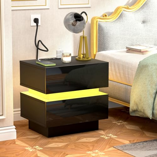 Rcynview Table de Chevet LED avec Station de Charge, Table de Nuit Noir Brillant avec Bande LED Multicolore Réglable 2 Tiroirs, d’Appoint Moderne pour Chambre à Coucher Salon 45x35x46cm Chevet de Lit