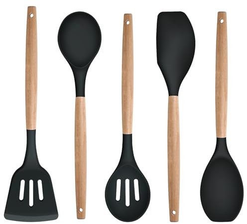 5Pcs Kitchen Utensil Set, Homikit Silicone Cooking Utensils with Wood Handle, Heat Proof Spatula Turner Spoon Set for Non-Stick Cookware, Healthy & Easy Clean, Black