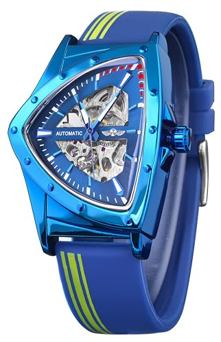 FORSINING Automatische mechanische Herrenuhr mit dreieckigem Zifferblatt, automatisch, automatisch, mit automatischem Aufzug, Edelstahl-Armband oder weichem Silikonarmband