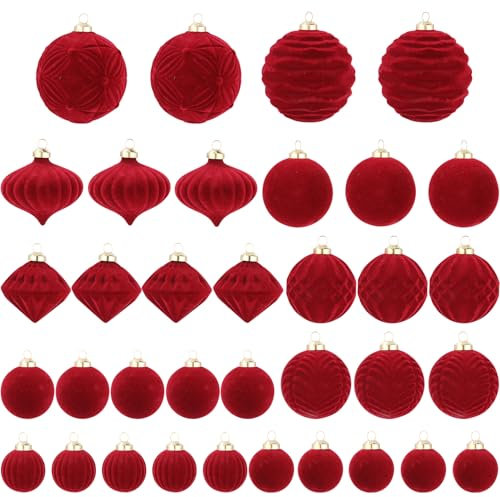 LEAZZLE 35 Stück Velvet Weihnachtskugeln Plastik Rot Set, Christbaumkugeln Kunststoff Rotweinrot, Weihnachten Deko, Zarte Christmas Decorations, Christbaumschmuck für Weihnachtsbaum,Party, Ø 4/5/6/8cm