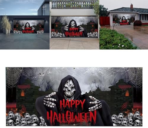 Grande toile de fond à suspendre pour porte de garage - Château de citrouille effrayant - Décoration de fête d'Halloween pour maison, mur, fenêtre, cour intérieure et extérieure (C, 480 x 210 cm)