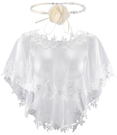 Elegant Spitze Umschlagtücher mit Blumen Halsband,Lace Umhang Perlen choker für Brautkleid Abendkleid Cocktaikleid Hochzeitsaccessoires (weiss)