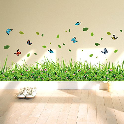 Stickers muraux fleurs d'herbe verte papillons Stickers muraux, salon chambre plinthe amovible Stickers muraux peintures murales