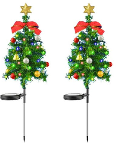 Solar Christmas Tree & Lights - Outdoor Xmas Decorations with Bow Bell, Waterproof Solar Tree Stake Lights for Pathway Lawn Patio (2PCS)