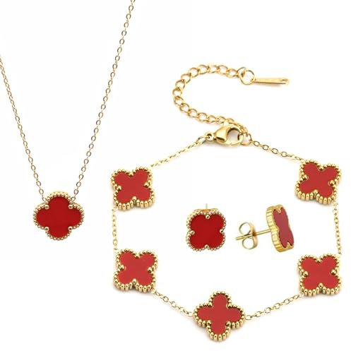VierbläTtriges Kleeblatt Schmuckset 18 Karat Vergoldetes VierbläTtriges Kleeblatt VierbläTtriges Schmuck Set FüR Frauen Armband Emaille Schmuck Set FüR Geschenke Valentinstag,Geburtstags,Rotwein