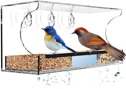 Newthinking Window Bird Feeder with Suction Cups, Clear Acrylic Bird Feeders with Removable Seed Tray and Water Bowls for Small Birds, Easy Refill and Clean