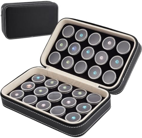 BENECREAT Schmuck-Vitrine aus Leder, 20,3 x 13,9 x 5,8 cm, mit 30 Edelsteingläsern, lose Diamant-Box mit schwarzem Schaumstoffeinsatz für Sammlerstücke, Diamant-Boxen