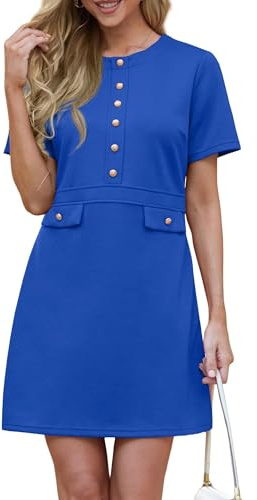 GRECERELLE Kleid Damen Elegant Etuikleider Business Kleid Kurzarm Rundhals Bodycon Retro Bleistiftkleid Cocktailkleid (Königsblau, XXL)