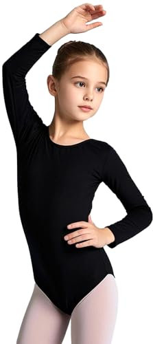 Vxcbad Gymnastikanzug Mädchen Turnanzug Mädchen Tanzbody Mädchen Balletttrikot Mädchen Ballett-Trikot für Kinder Langarm V-Ausschnitt Schwarz (Schwarz, 150(130-140cm))