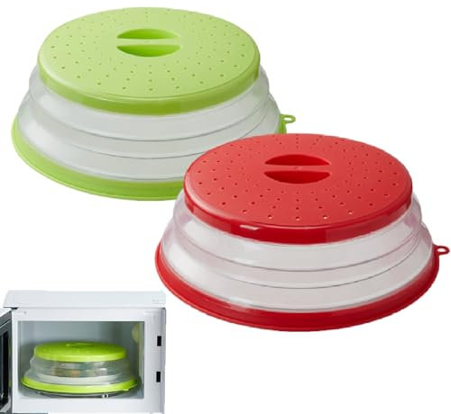 2 Piezas Tapa Microondas Plegable Cubierta para Plato de Microondas Silicona Tapa Microondas con Ganchos Tapa de Salpicaduras Enjuague Frutas y Verduras