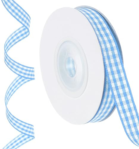 PATIKIL 10 meter x 1 cm Gingham rutigt band, ljusblå och vita presentförpackningsband för Thanksgiving rosett krans hantverk födelsedag bröllop