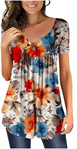 Tshirt Damen Elegant Schick, Tunika Hemd Mit Blumenmuster, V-Ausschnitt Kurzärmliges T-Shirt Mit Knopfleiste, Oberteile Leicht Und Luftig, Bluse Weich Bequem, Shirt Top Casual Fashion