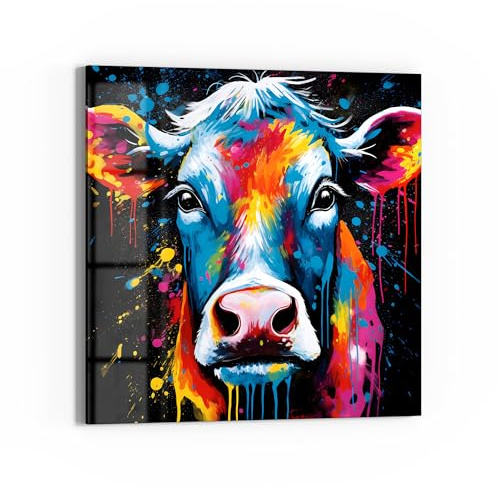 DEQOART Glasbild Echtglas | Motiv Kuh im Farbrausch | quadratisch einteilig 50x50 cm | schöne Dekoration | Wandbild für Wohnzimmer, Schlafzimmer, Flur & Küche | moderne Wanddeko