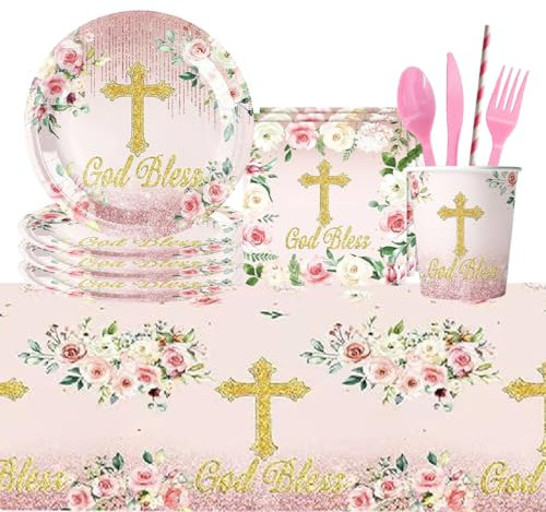 Set de Vajilla Completa para Comunion o Bautizo. Vajilla 10 Personas con Platos Vasos Cubiertos Servilletas Pajillas Mantel. Accesorios Menaje Decoracion Comunion Niña y Niño - Louça Batismo Meninas