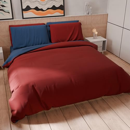 PETTI Artigiani Italiani - Double Duvet Cover Set 200 x 200 cm (1 Pillowcase 50 x 80 cm Included), Soft Microfibre Duvet Cover Set, Solid Colour Bordeaux - Night Blue