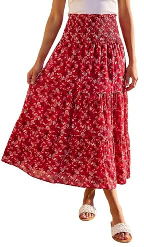Roman Originals Gypsy Maxi Skirt for Women UK Ladies Tiered Bohemian Long Ankle Length Cotton Elasticated Waistband High Waist Monochrome Lounge Lightweight Holiday - Red Abstract - Size 12