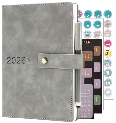 Akademischer Terminplaner 2026, Tagesplaner, A5 Tag pro Seite, Tageskalender von Januar 2026 bis Dezember 2026, fester Einband, Organizer, Tagebücher mit Stift, Lesezeichen, Monatstabern, Aufklebern