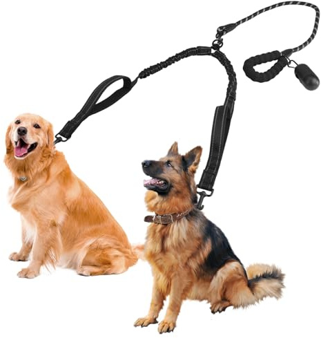 Dubbla koppel för 2 hundar, 11–80 kg | 360° roterbar, trasselfri, reflekterande, vadderade handtag, 2 karbinhakar, stötdämpande bungee