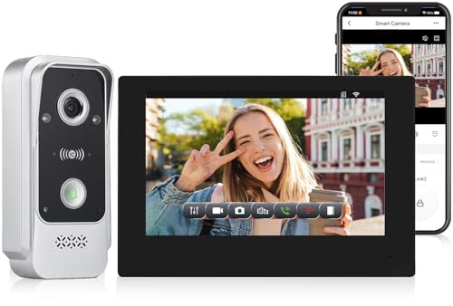 FTes RFKits Videocitofono a 2 Fili, con Schermo da 7Pollici,Tuya WiFi,HD 1080P Telecamera-Argento,Visione Notturna a Infrarossi,Rilevamento del Movimento,Sblocco Tramite APP Intelligente/Scheda RFID