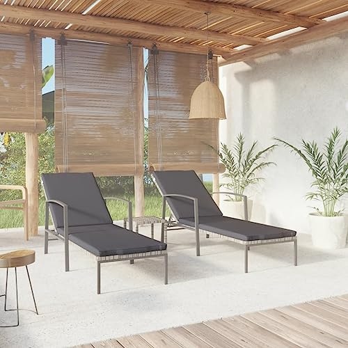 Frdhee Liegestuhl Wohnzimmer Terrassenstühle,Sonnenliegen 2 STK. mit Tisch Poly Rattan Grau,Sonnenbank für Balkon,Strand,Terrasse und Camping