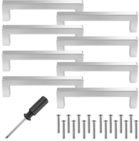 8 Stück Schrankgriffe, Silber Rostfreier Stahl Türknäufe Lochabstand 128mm | Quadrat Möbelgriffe mit Schrauben und Installationswerkzeugen, für Schublade, Küchenschränke und Wohndekoration