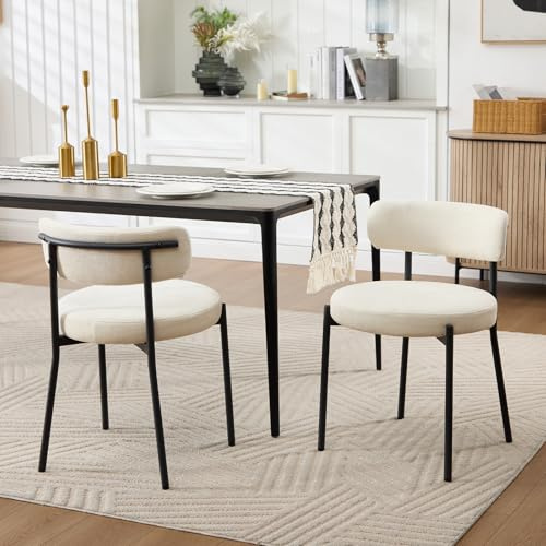 KHISCHMO Esszimmerstühle 2er-Set aus Cord, Moderne Küchenstühle Mid-Century Bouclé gepolstert mit schwarzen Metallbeinen, Chenille-Stoff, für Küche und Wohnzimmer, Weiß