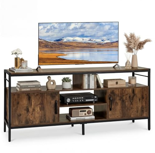COSTWAY Mobile TV Soggiorno fino a 65, con 2 Armadietti e 4 Ripiani Aperti, Tavolino Porta TV con Gambe in Metallo, Centro di Intrattenimento per Soggiorno Camera da Letto (Marrone, 147 x 35 cm)