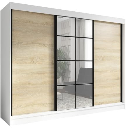 A&J MöbelLand Schwebetürenschrank ORAVIA Kleiderschrank 3-türig mit Spiegel, Garderobenschrank mit Kleiderstangen und Regalfächern, moderner Schlafzimmerschrank 200 cm (Weiß/Sonoma)
