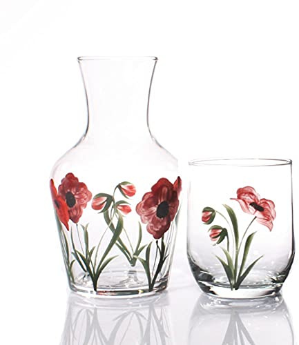 The Gift Experience Hand Painted Poppy Carafe Set, 0.5L Red Glass Carafe Set for Any Occasion