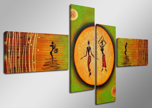 Visario Leinwandbild 160x70 cm 6518 Afrika Tänzer Figuren Orange Grün Erdtöne Geometrische Muster Wandbild Wohnzimmer Schlafzimmer Büro Moderne Wanddekoration Fertig Aufgespannt auf Holzrahmen