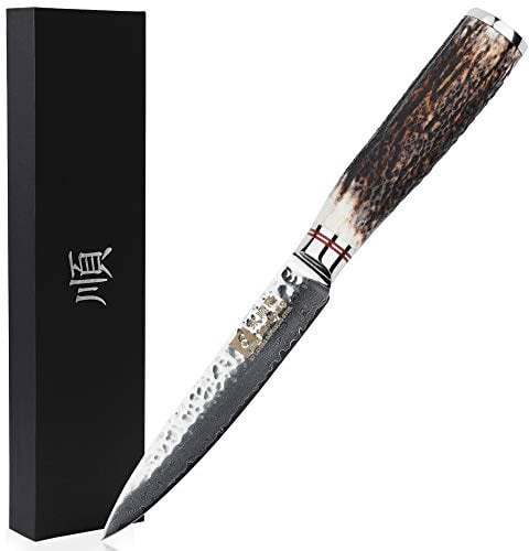 Sunlong Utility Knives 5 inch Pro Paring Knives - Japanese Hammer Damascus Steel - Natural Stag Horn Handle