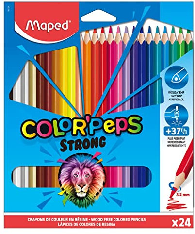 Maped - Pinturas de Madera - Lápices Strong de Colores - Pack de 24 Pinturas de Colores - Minas Ultra Resistentes - Agarre Ergonómico - Fáciles de Afilar