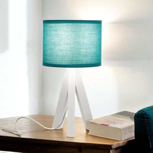 Easylight Dreibein Tischleuchte Weiß Petrol Holz Stoff E14 Nachttischlampe
