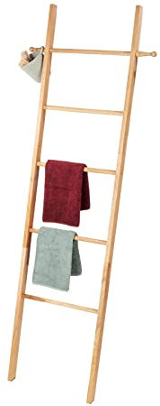 WENKO Handtuchleiter Norway, Leiter mit 5 Handtuchstangen und 2 Haken, Beliebig positionierbar, Scandi-Style, Massives Walnussholz, 43 x 170 x 4 cm